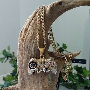 Game Controller Pendant and Chain Necklace 18k Gold Plated Steel